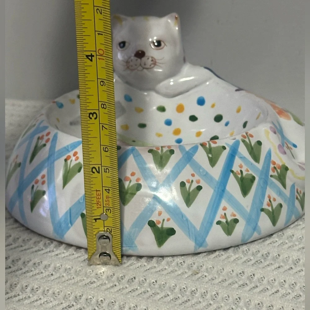 Handcrafted Ceramic Cat Bowl - White and Blue